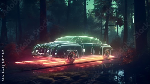 an image of a stylish, transparent car within a forestpunk backdrop, focusing on muted tones and incorporating neon lighting to evoke a futuristic ambiance © Mahwish