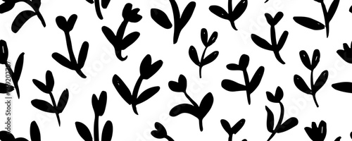 Vector seamless pattern with blooming spring tulip. Black flowers with leaves on stems hand drawn painted by brush in the style doodle. Botanical ink ornament, trendy floral design