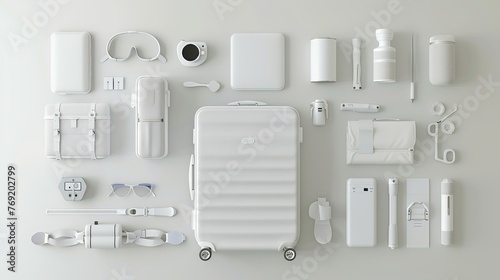 A flat lay of a white suitcase and traveler's accessories against a bright white background presents a minimalist travel concept in 3D rendering photo