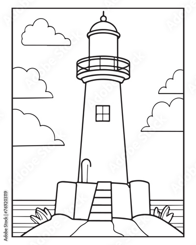 A charming lighthouse coloring page outline for kids offering a delightful educational activity art