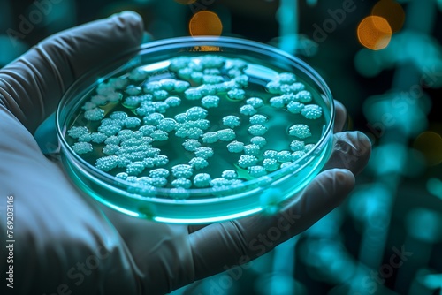 The person is holding a petri dish with electric blue bacteria in it, possibly used as an ingredient in cuisine or to produce food