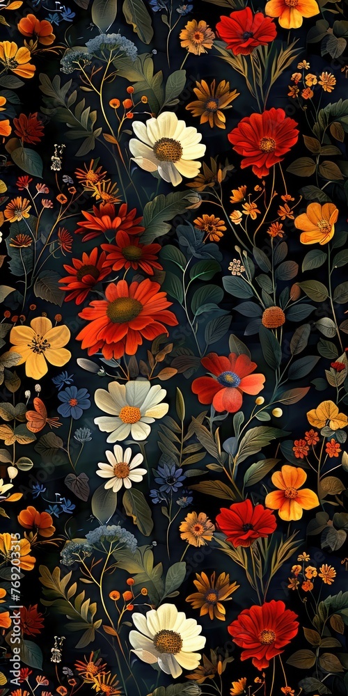 A seamless pattern of wildflowers, tiny flowers and leaves in dark colors on a black background, illustration made with generative AI