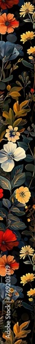 A seamless pattern of wildflowers, tiny flowers and leaves in dark colors on a black background, illustration made with generative AI