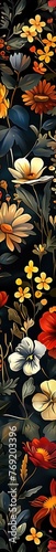 A seamless pattern of wildflowers, tiny flowers and leaves in dark colors on a black background, illustration made with generative AI