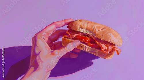 Render a visual representation of a hand enjoying a sandwich on a pastel purple canvas