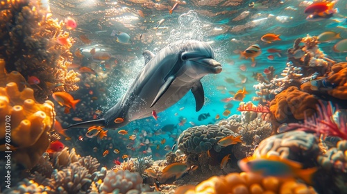 A dolphin gracefully swims near a coral reef in the underwater world