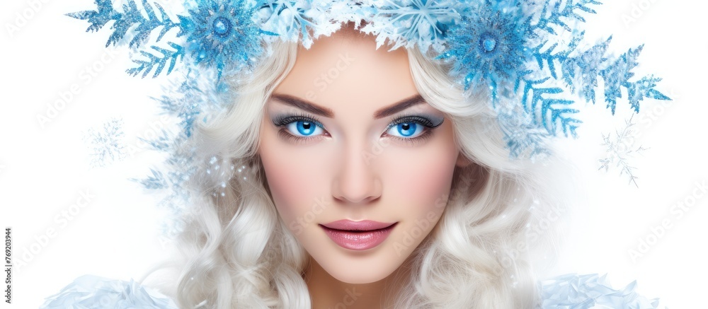 A detailed close-up shot showcasing a woman with a delicate snowflake balanced on top of her head