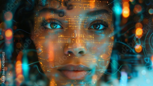 Female Computer Engineer Works on a Neural Network Artificial Intelligence Project. IT specialist, artificial intelligence collage. Working in a data center. Generative AI.