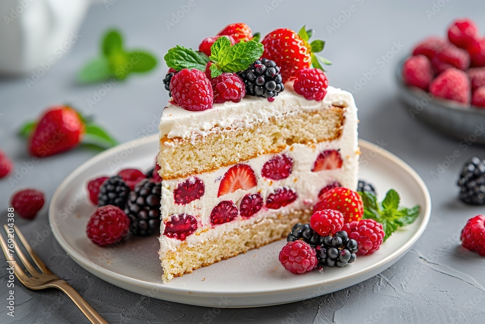 A piece of tiramisu with raspberries on a white plate on the table. Traditional Italian dessert A piece of tiramisu with raspberries on a white plate on the table. Traditional Italian dessert