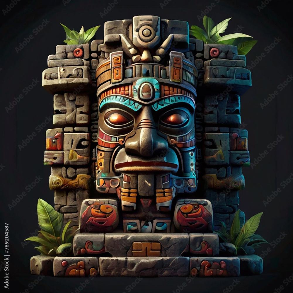 Cartoon aztec totem on black backround