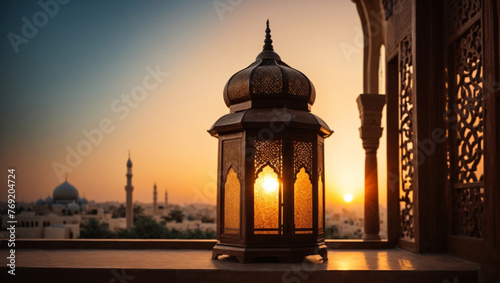 Ramadan lantern with sunset background