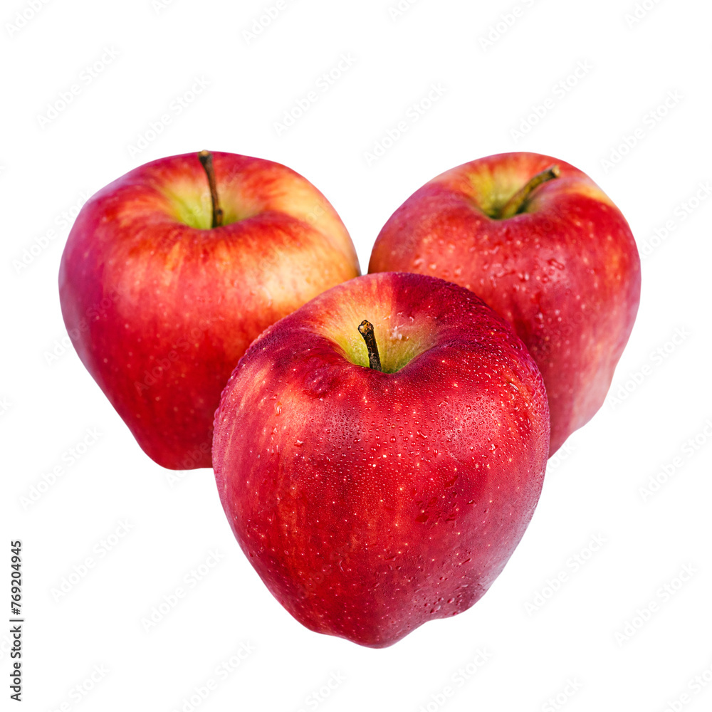 Three red apples with water drops isolate