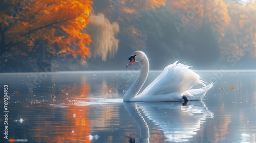 Swan gliding gracefully on a serene lake, surrounded by trees in the background