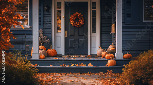 Fototapeta Naklejka Na Ścianę i Meble -  Autumn themed entrance, front door with pumpkins and wreathe