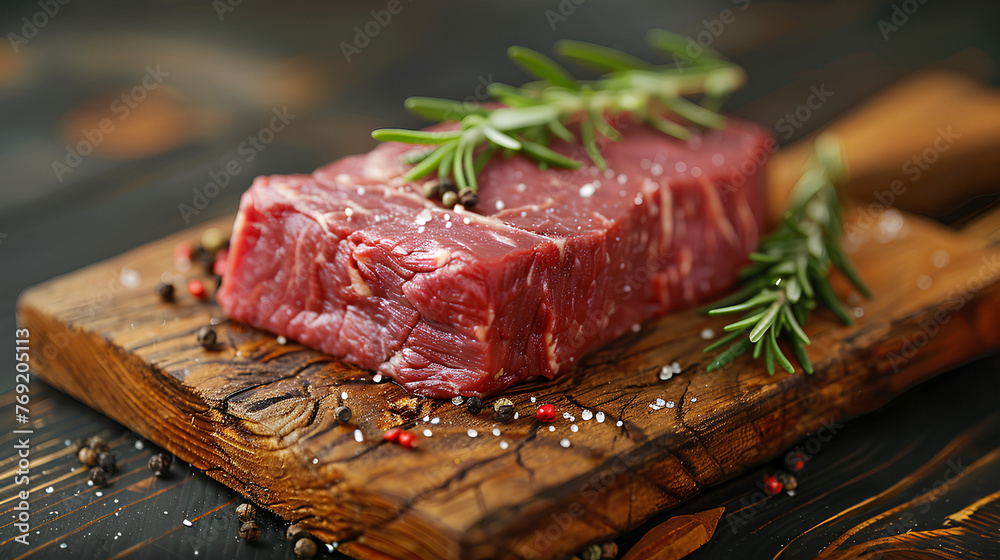 
fresh raw steak meat on wooden board with rosemary and spice