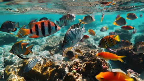 Colorful tropical fish swimming around a coral reef