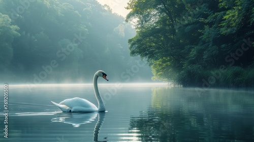 A bird swims in a lake surrounded by trees, basking in the sunlight © Yuchen