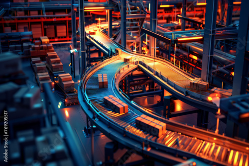 Futuristic Automated Warehouse Interior with Conveyor Belts and Illuminated Pathways