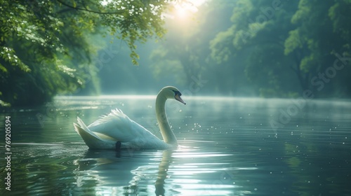 A bird swims gracefully in a sunlit lake surrounded by trees