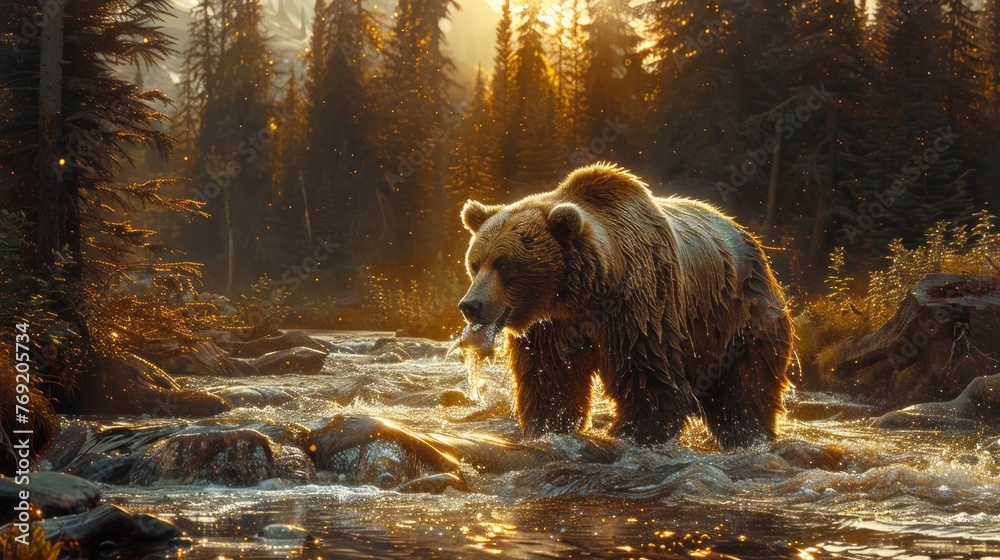 A carnivorous brown bear stands in the river within a natural wooded landscape - obrazy, fototapety, plakaty 