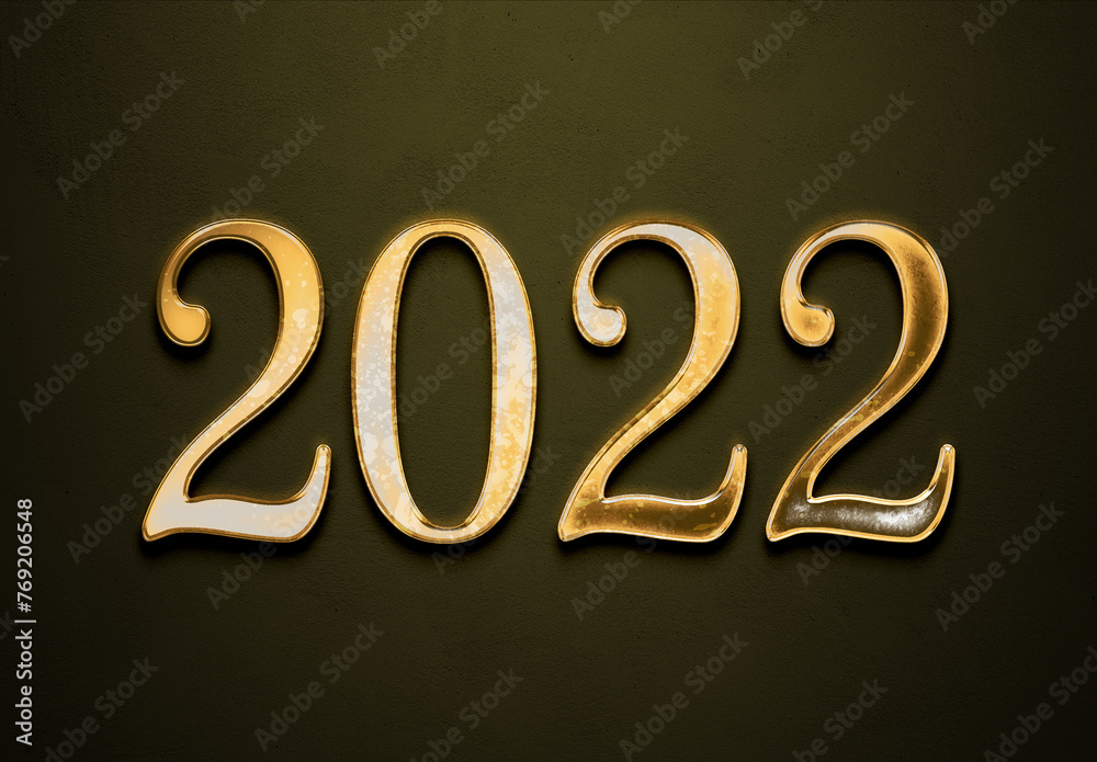 Old gold effect of 2022 number with 3D glossy style Mockup. Old gold effect of 2022 number with 3D glossy style Mockup.