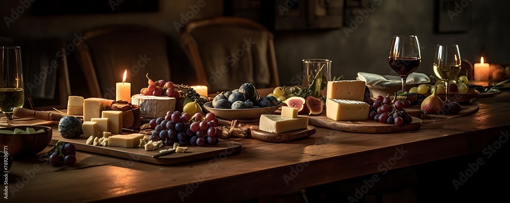 the charm of a wine and cheese arrangement with soft evening lighting, warm color temperature, and a serene ambiance, highlighting the textures of the wooden table