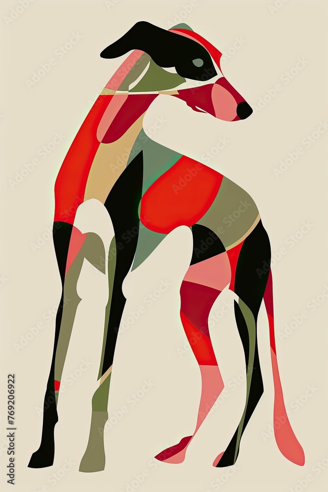 Obraz premium Full body silhouette of a beautiful Italian greyhound, mid century modern, woodcut style, silkscreen style, illustration made with generative AI