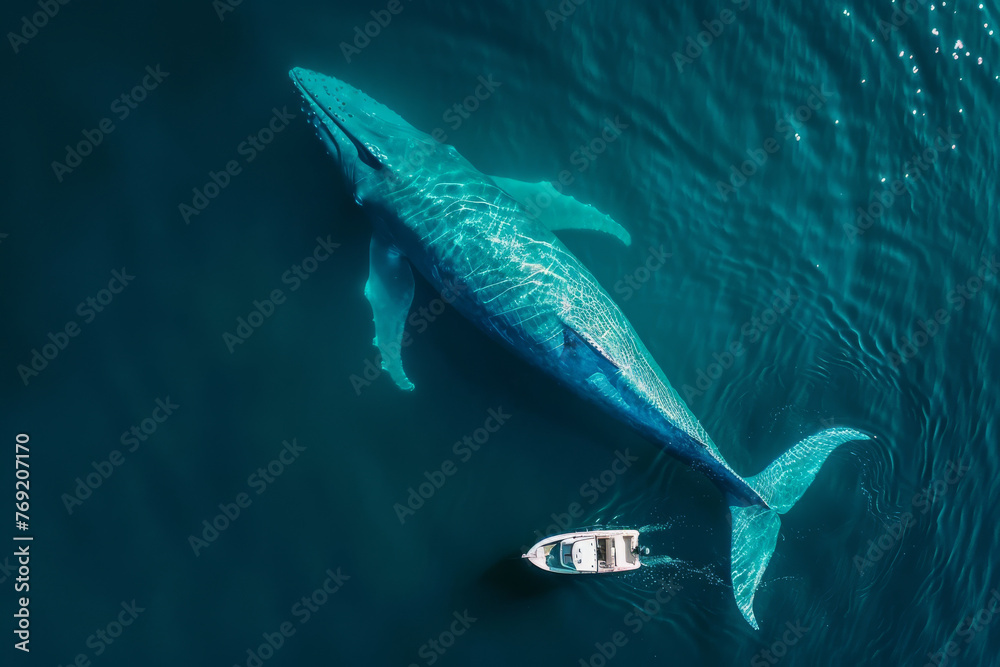 Naklejka premium Large fish near fishing, boat, deep turquoise ocean, environment, water, blue planet