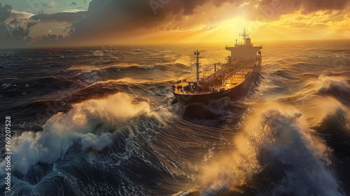 Oil tanker in rough seas with dramatic sunset in the background