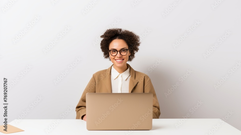 Happy smiling young Business Lady uses laptop, smart working concept, banner Happy smiling young Business Lady uses laptop, smart working concept, banner