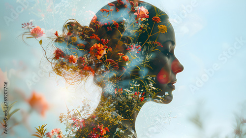
Profile of a woman with flowers on her head, mental health concept, double exposure