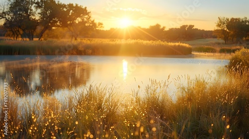 Golden Hour Tranquility: A Peaceful Lake Basks in Serene Sunset Glow photo