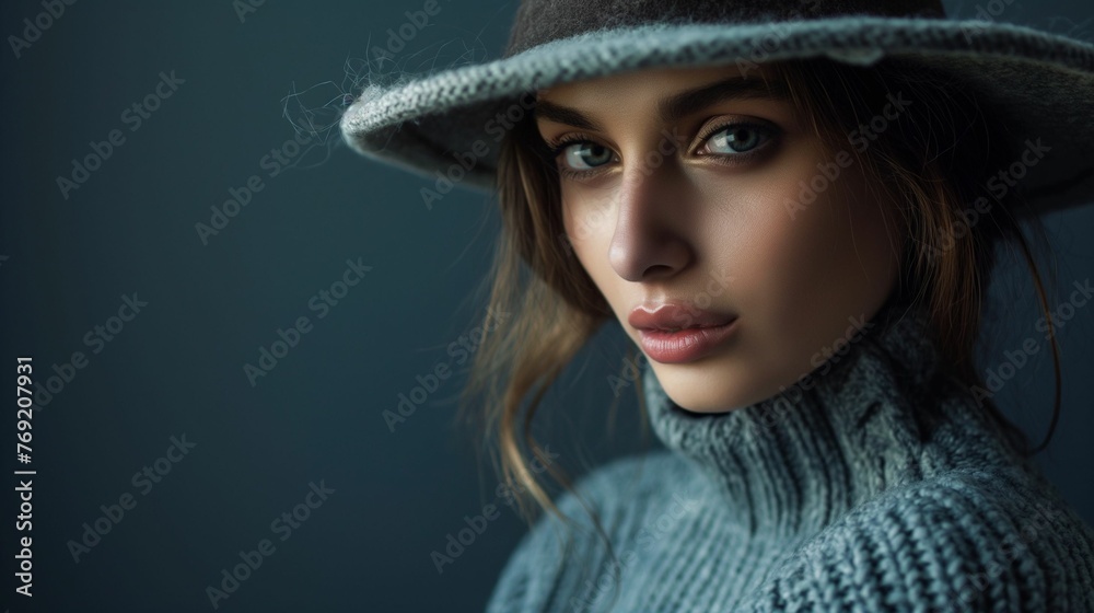 Woman adorned in a chic hat and cozy sweater. Woman adorned in a chic hat and cozy sweater.
