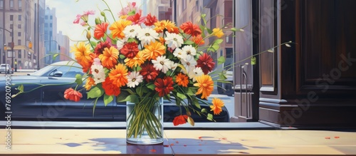 A beautiful bouquet of flowers is displayed in a vase on a table by a window, creating a lovely focal point in the room