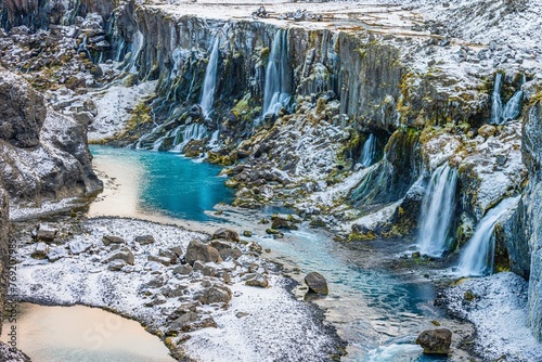 Hrauneyjarfoss waterfalls, onset of winter, Sudurland Iceland