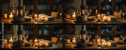 the essence of a cozy evening with a wine and cheese setup on a wooden table, utilizing a Canon camera with a 50mm lens to highlight the details and warmth of the scene in soft evening lighting photo