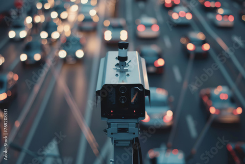 Traffic Surveillance, Close-up of CCTV camera with blurred vehicles in background. ~ ULEZ Camera, Ideal for security, transportation, urban monitoring, and traffic management i photo