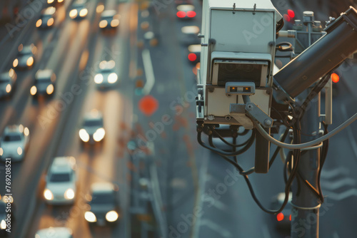 Highway surveillance: Close-up of traffic camera capturing motion-blurred vehicles. Ideal for security, transportation, urban monitoring, and traffic management concepts.