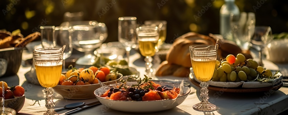 the joyous spirit of a vegetarian feast outdoors with Canon's 50mm lens, highlighting the vibrant colors of the dishes and the contrast of white wine glasses against the cool, sunny backdrop