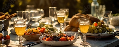 the joyous spirit of a vegetarian feast outdoors with Canon's 50mm lens, highlighting the vibrant colors of the dishes and the contrast of white wine glasses against the cool, sunny backdrop