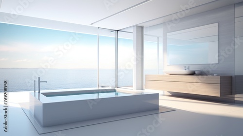 Minimalist contemporary bathroom, featuring a luxurious jacuzzi, large windows and sea views, quiet luxury, banner © Anzhela