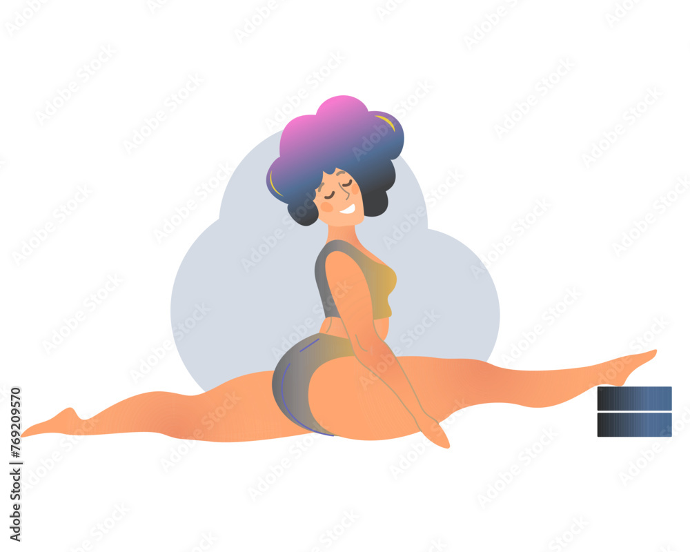 Fototapeta premium Plus size curvy lady doing yoga class. Vector illustration isolated on white. Online home workout concept. Body positive. Attractive overweight woman.