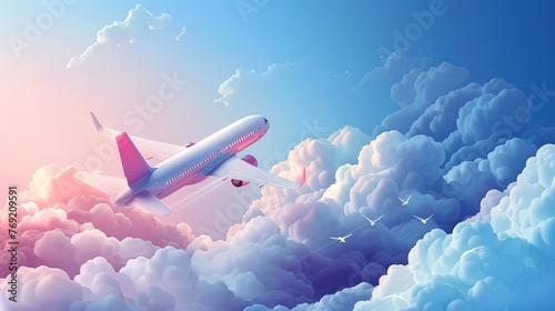 An advertising banner features a 3D vector illustration of an airplane amidst clouds, representing a travel concept with elements suitable for booking services or travel agencies photo