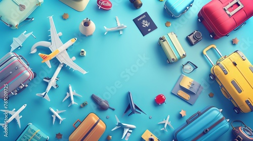An advertising medium centered on tourism features vector 3D illustrations of luggage, airplanes, and passports, all set against a blue background, highlighting travel and transportation themes photo