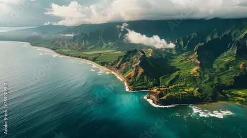 An aerial view of a Hawaiian coastal travel destination showcases the rugged coastline of Kauai's Ne Pali State Park, highlighting the serene beauty of the location photo