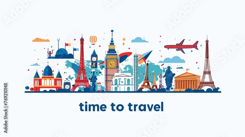 An airplane banner with the theme "time to travel" incorporates buildings and landmarks, illustrating travel around the world in a flat style modern design, set against a white background