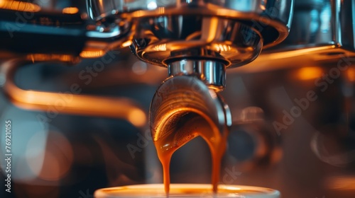 Espresso shot being extracted from a coffee machine, highlighting the beauty of coffee making, suitable for café culture and culinary content.