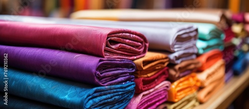 Neatly arranged stack of assorted folded cloths displayed on a wooden shelf in a close-up shot