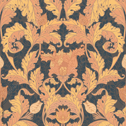 Floral vintage seamless pattern for retro wallpapers, textiles, designs. Enchanted Vintage Flowers. Arts and Crafts movement inspired.