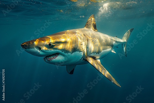 A Lamnidae shark, known as the great white, gracefully swims underwater in its natural marine habitat. Its fin cuts through the water among other cartilaginous fish © RichWolf